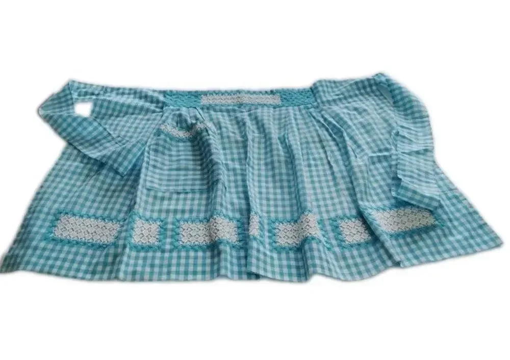Vintage Style Gingham Blue & White Half Apron with Embroidery Accent Cottagecore